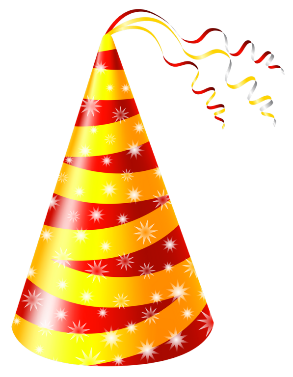 a red and yellow party hat with streamers