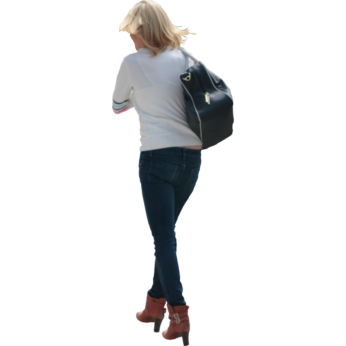 the back of a woman in jeans and a grey sweater