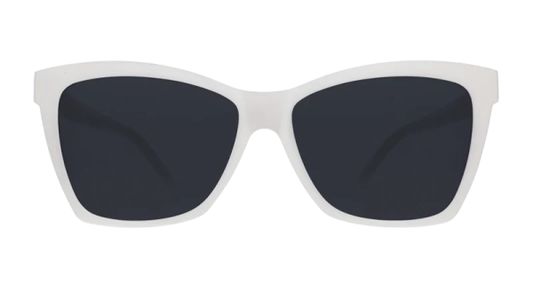 a white sunglasses with black lenses