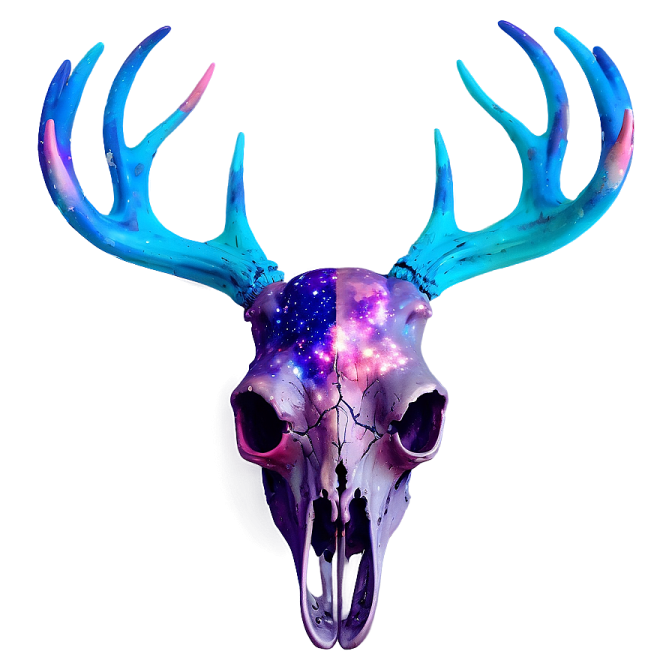 a deer skull with blue and purple paint on it