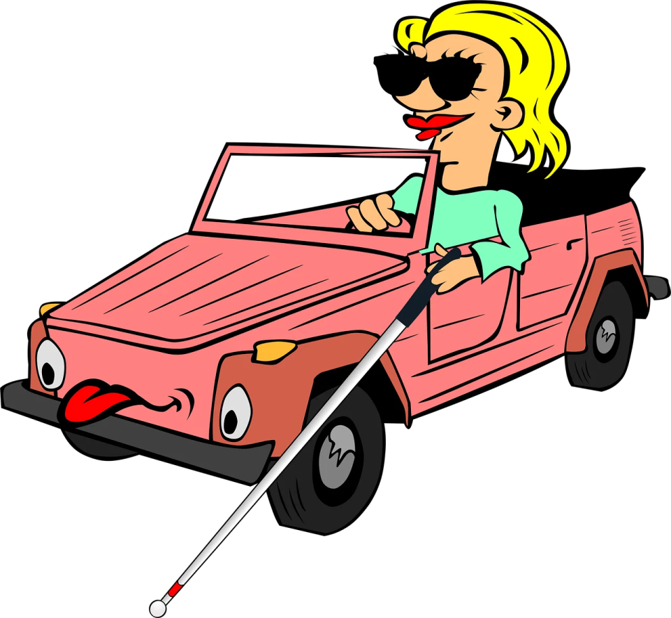 a woman driving a pink car