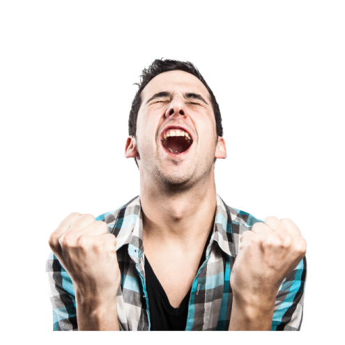 a man with his hands up in the air