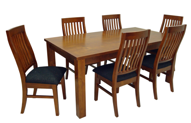 a wooden dining table with four chairs
