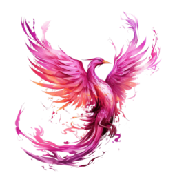a pink phoenix bird with red and orange feathers