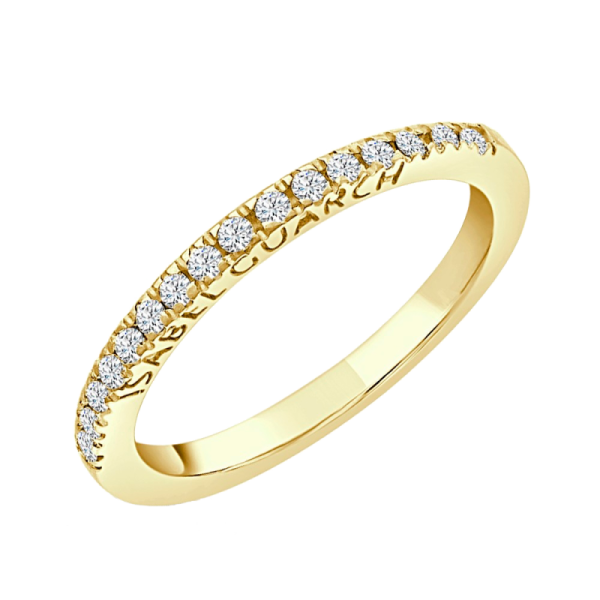 a yellow gold wedding band with diamonds