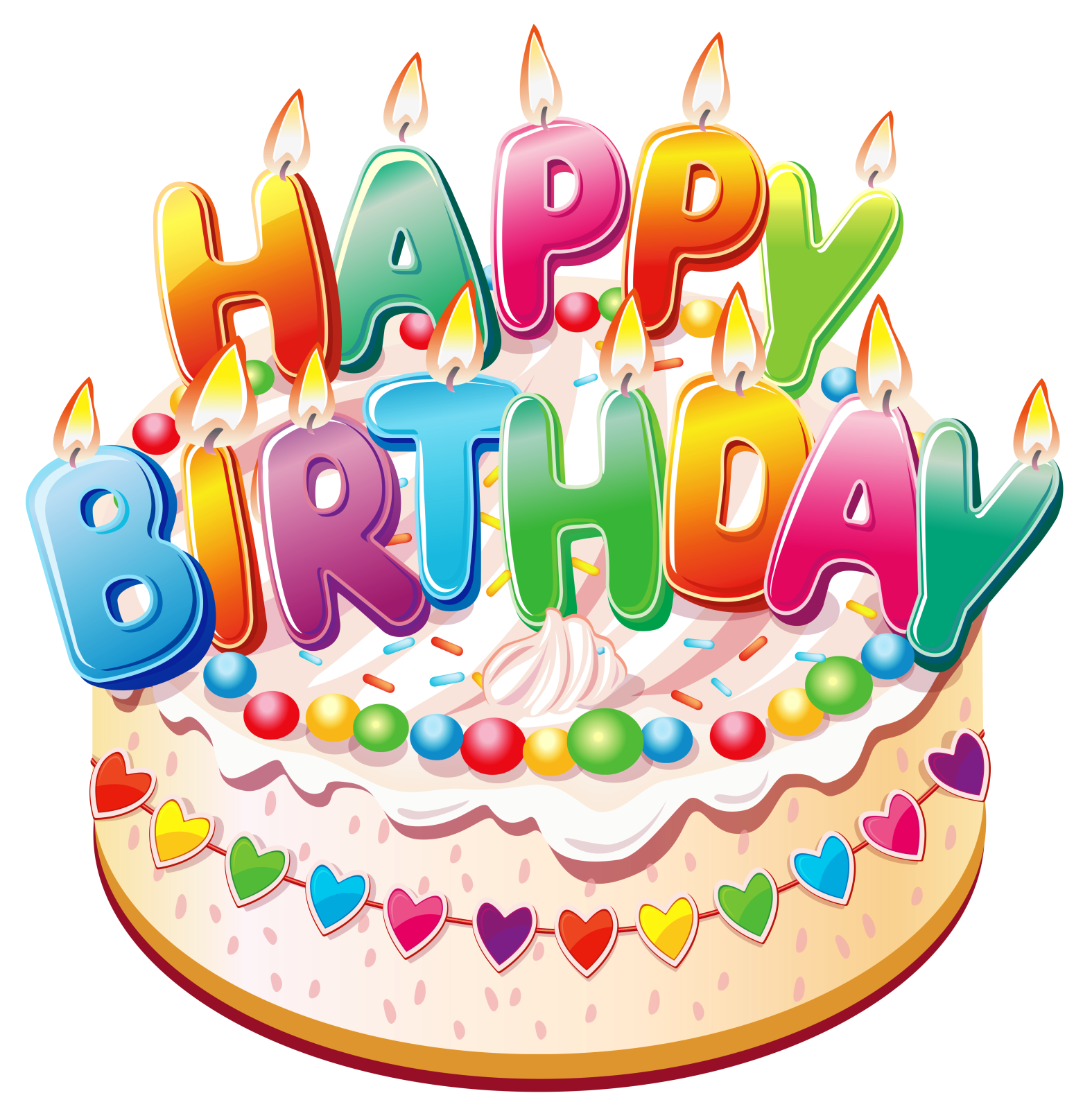 a birthday cake with candles and hearts