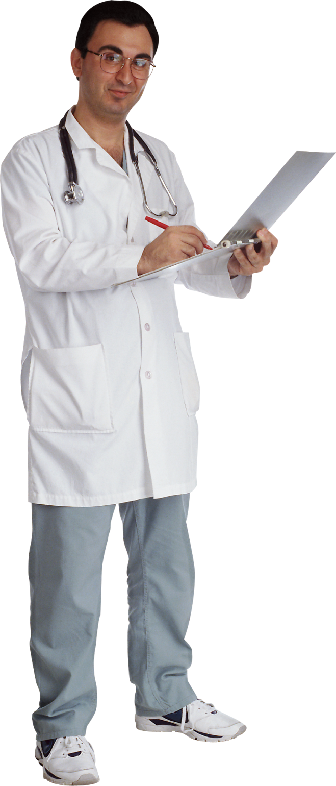 a man in a white lab coat holding a clipboard
