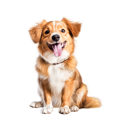 a brown and white dog with its tongue out