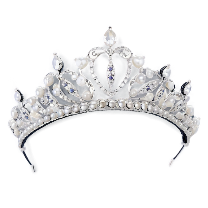 a silver tia with pearls and crystals