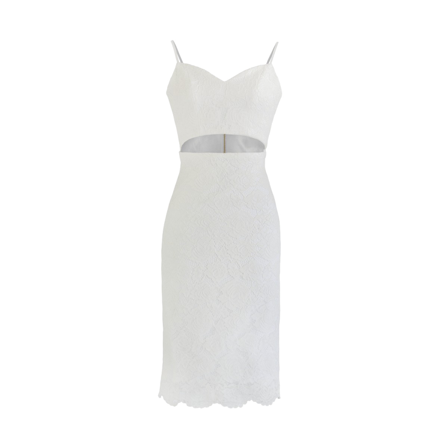 a white lace dress with a silver belt