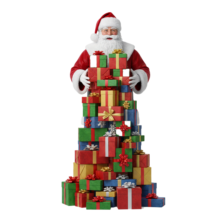 a santa claus standing next to a pile of presents