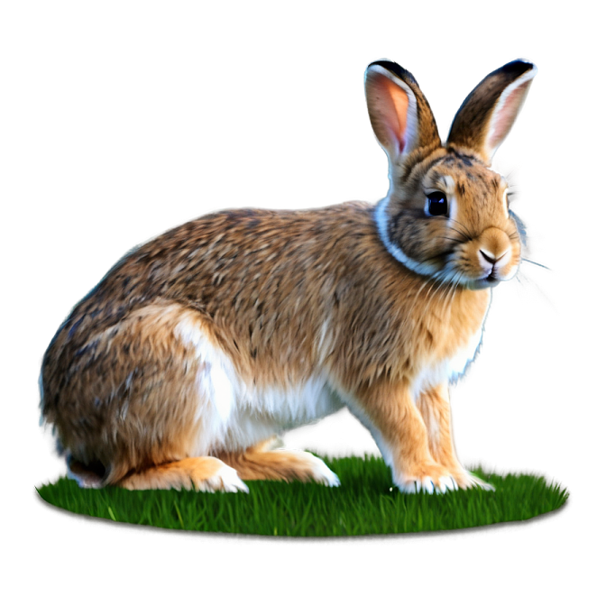 a brown and white rabbit standing in the grass