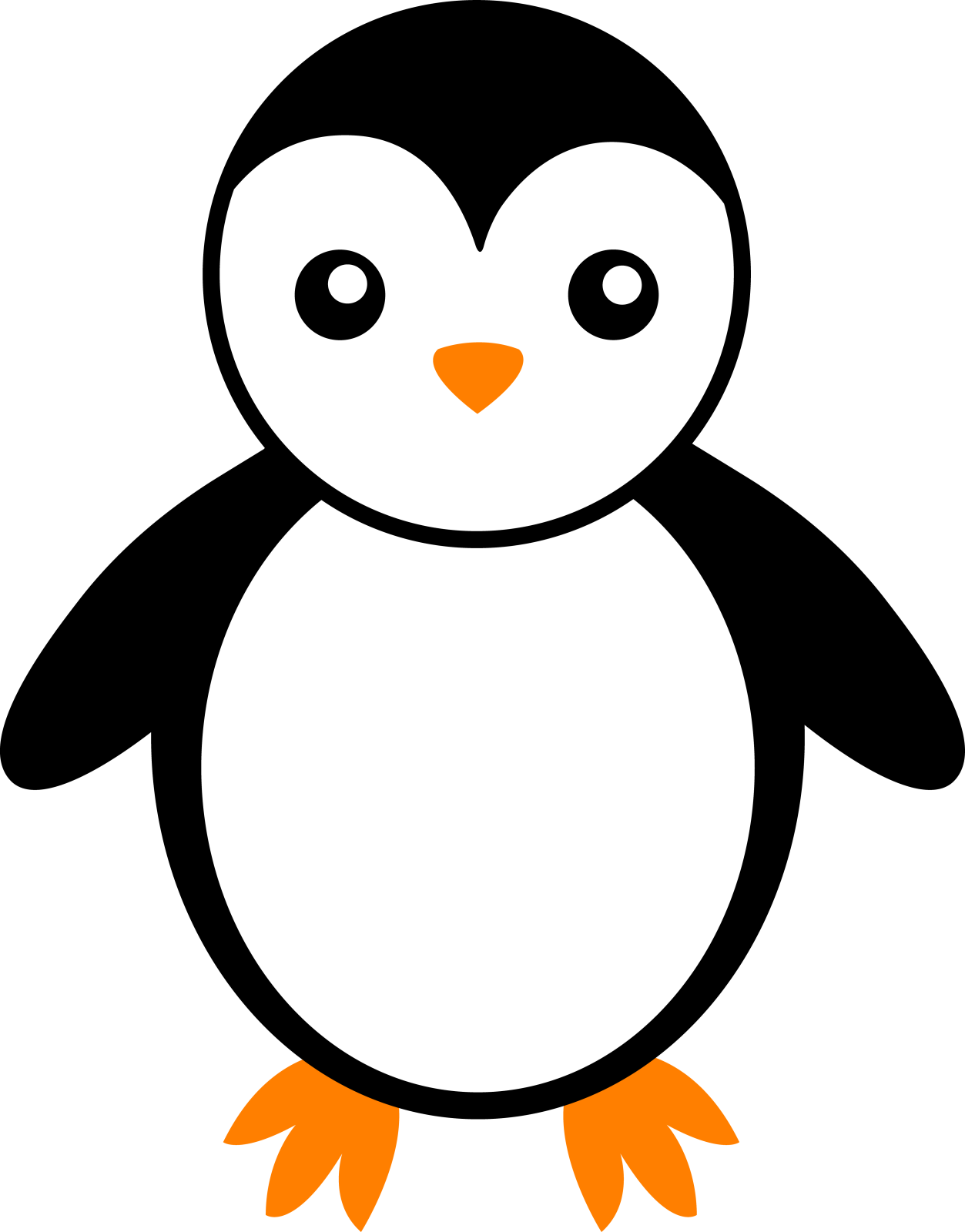 a black and white penguin with orange feet