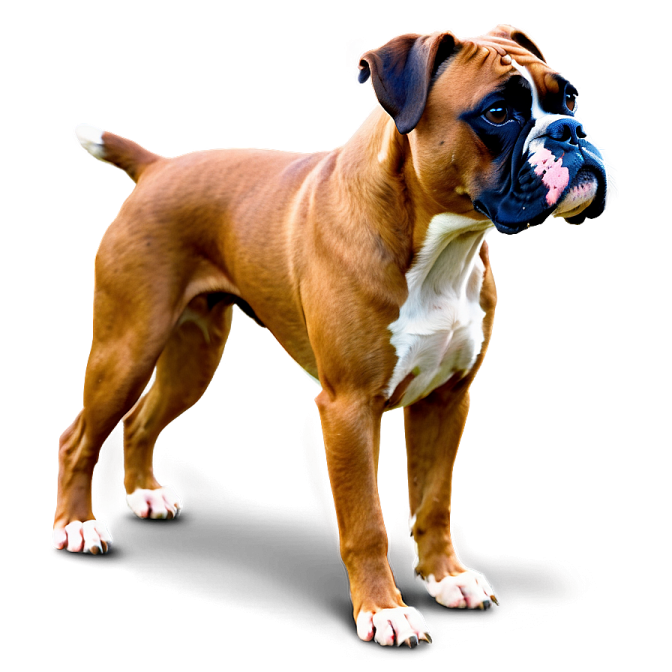 a brown and white dog standing on a white surface