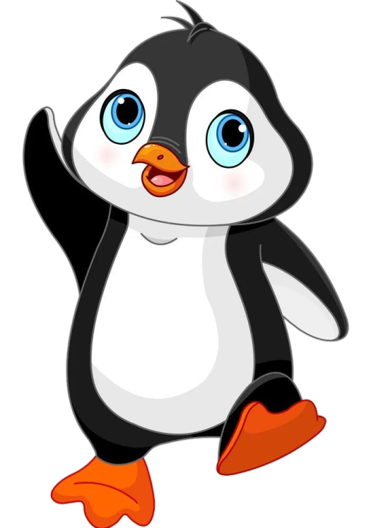 a cartoon penguin with blue eyes and orange feet