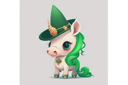 a cute unicorn with green hair and a green hat