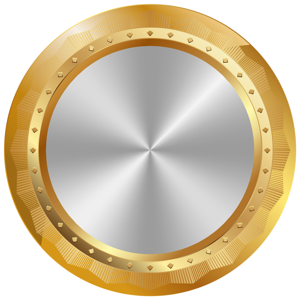 a round gold and silver button with hearts