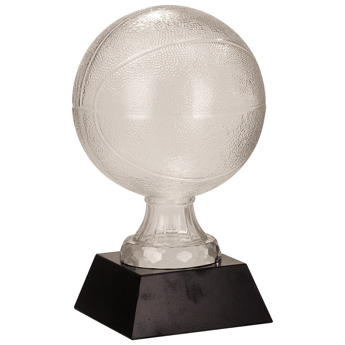 a glass trophy on a black base