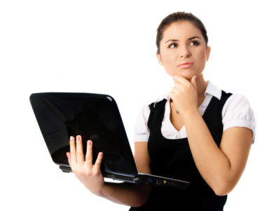 a woman in an apron holding a laptop
