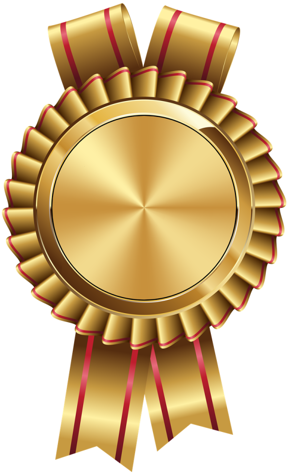a gold medal with red ribbons