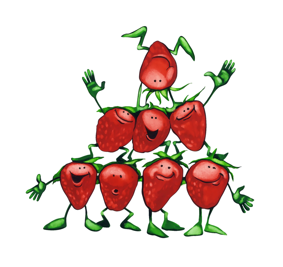 a group of red chers with green leaves