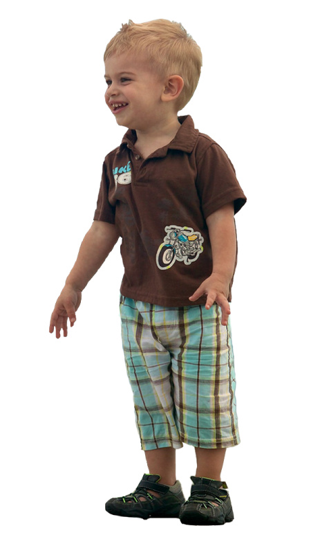 a young boy wearing a brown shirt and plaid shorts