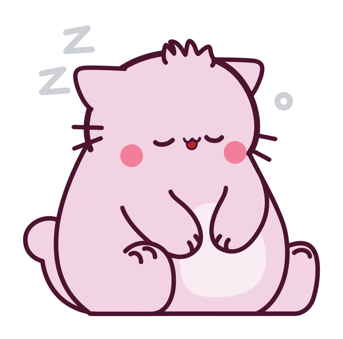 a pink cat sitting down with its eyes closed