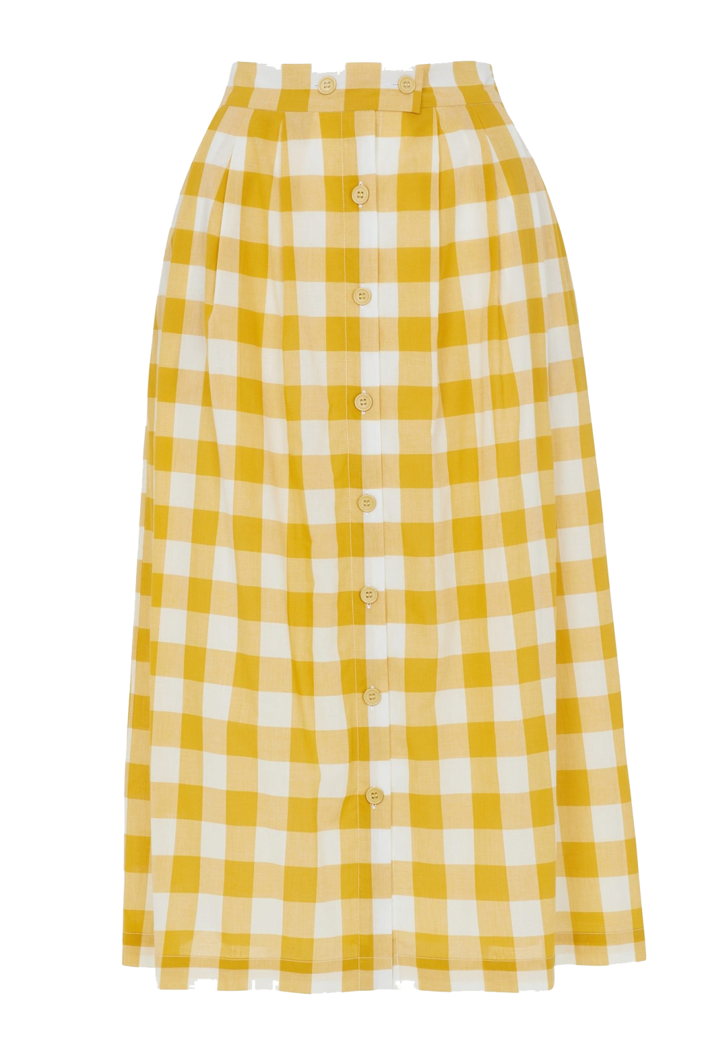 a woman wearing a yellow and white checked skirt