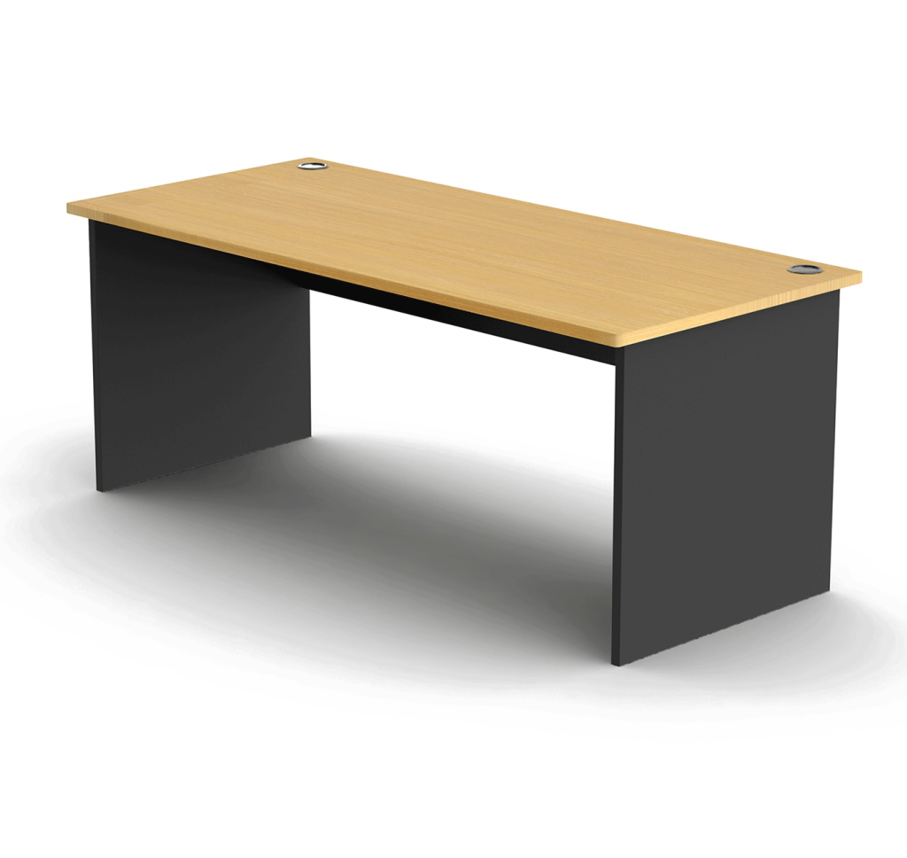 an office desk with black legs and a wooden top