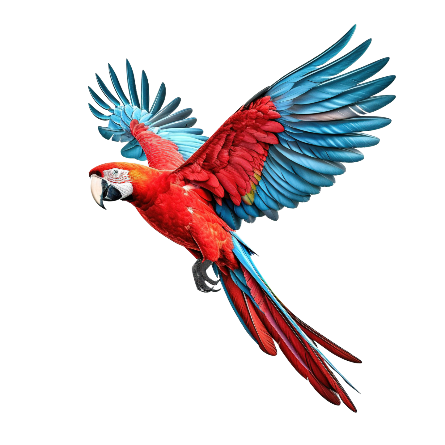 a red and blue parrot flying through the air