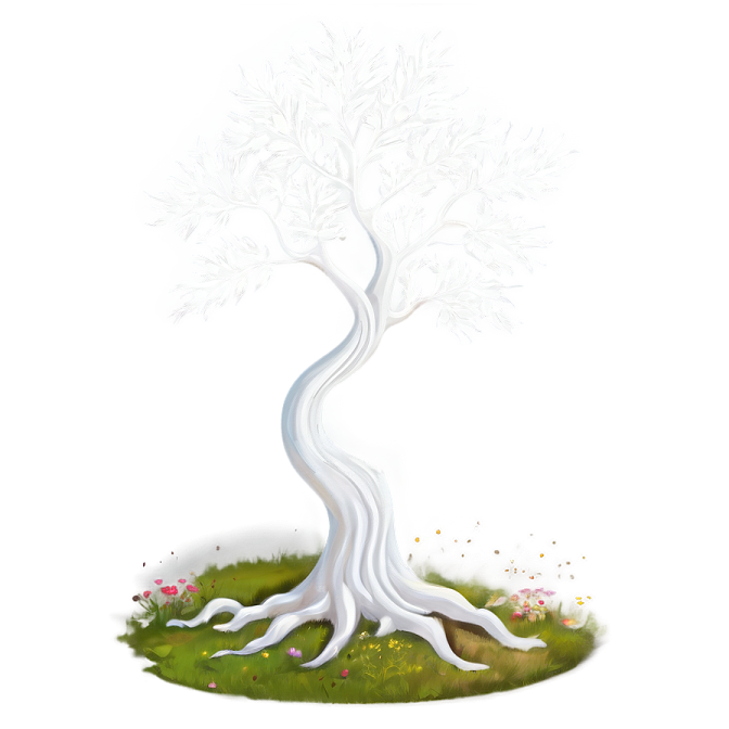 an illustration of a white tree in the grass