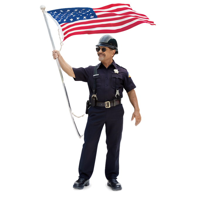 a man in a police uniform holding an american flag