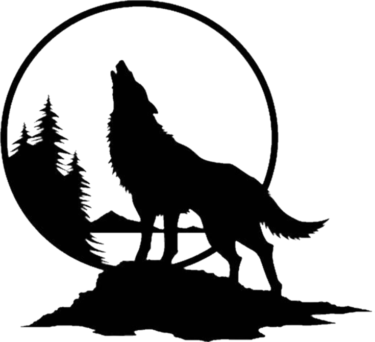 a howling wolf silhouetted against a full moon