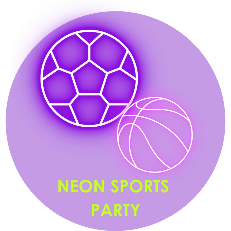 a neon sign with two basketballs and the words sports party