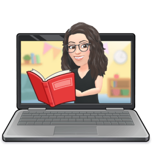 a cartoon of a woman reading a book on a laptop