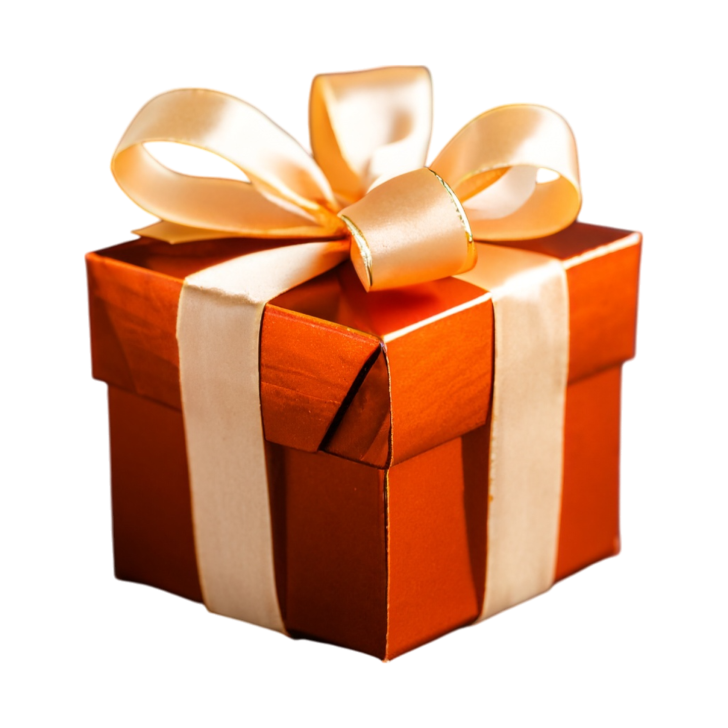 an orange gift box with a white bow