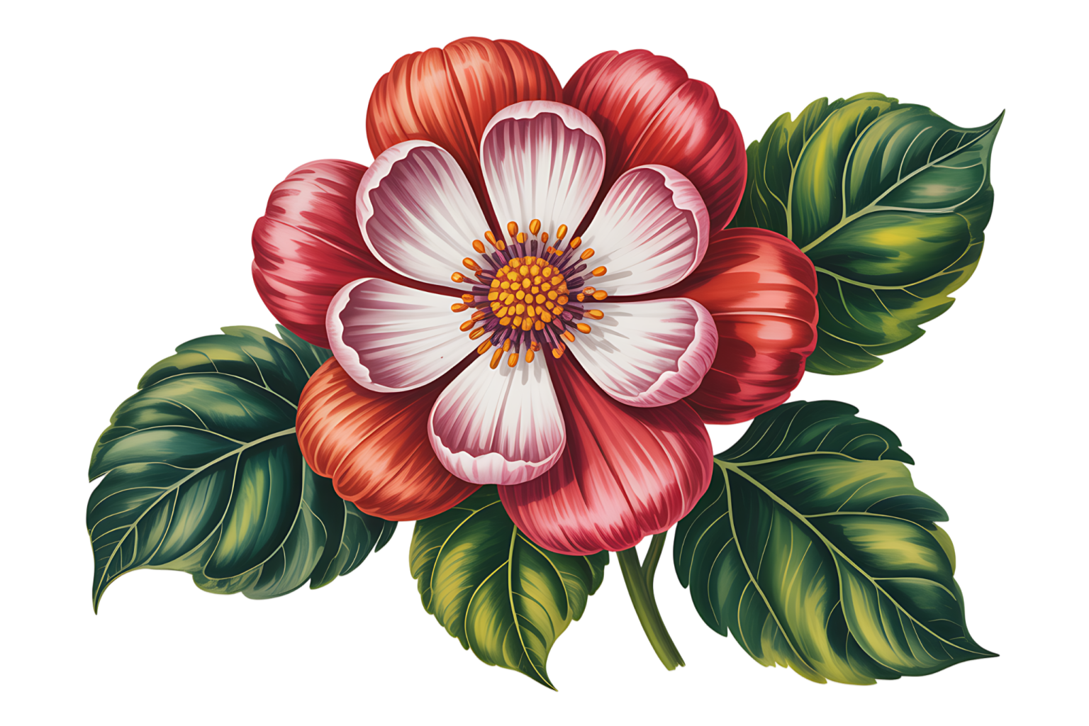 a red and white flower with green leaves