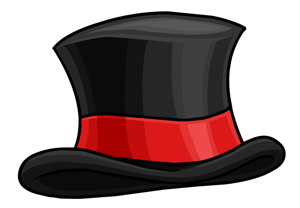 a black top hat with red ribbon