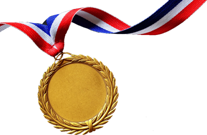a gold medal with red, white and blue ribbons