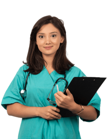 a woman in scrubs holding a clipboard