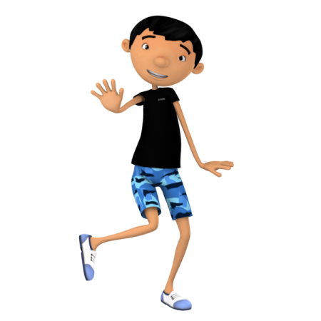 a cartoon boy in a black shirt and blue shorts