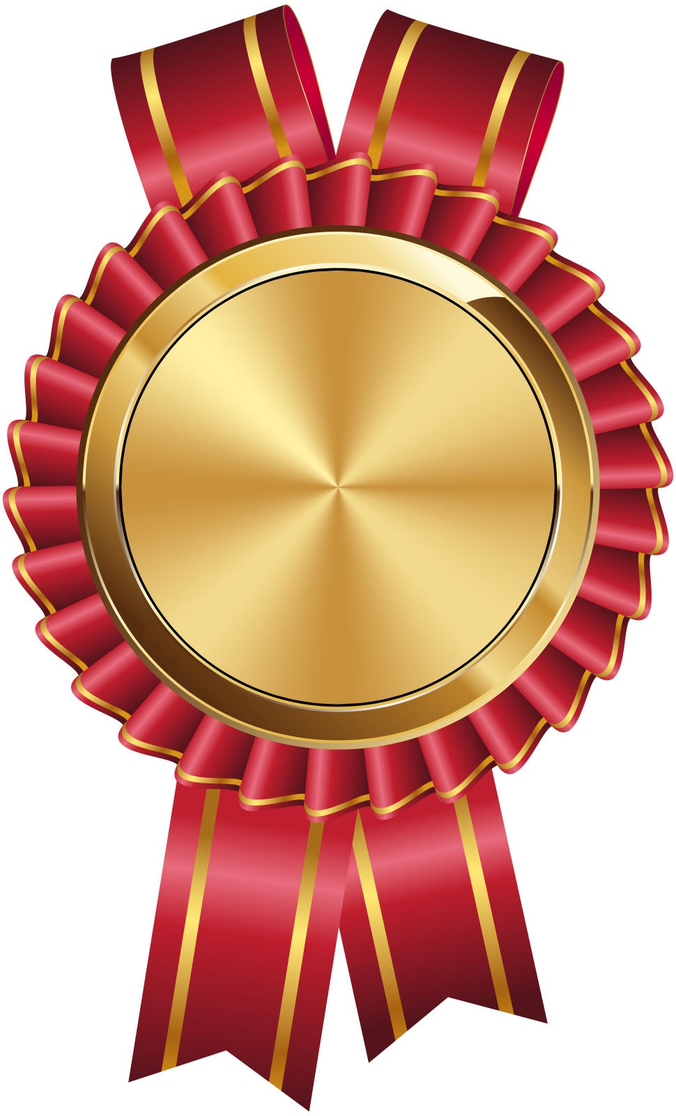 a gold medal with red ribbons