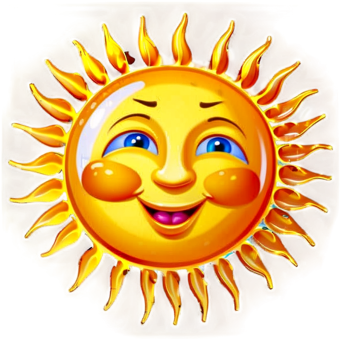 a smiling sun with blue eyes