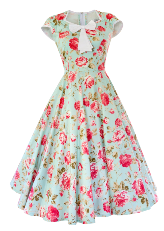a blue dress with pink roses on it
