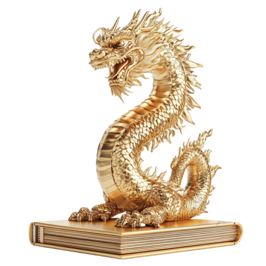 a gold dragon statue on a book
