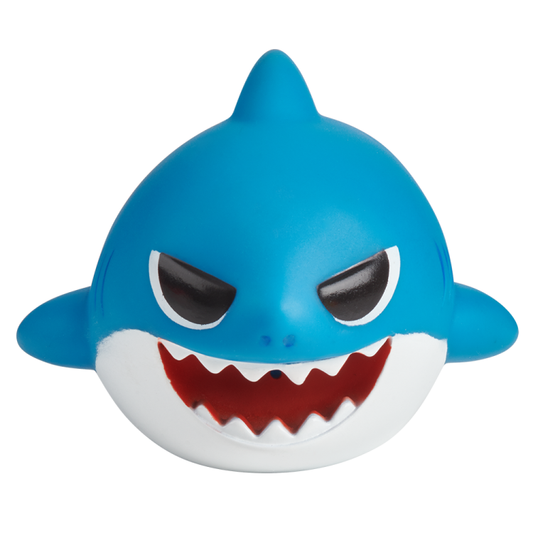 a close up of a blue and white toy shark