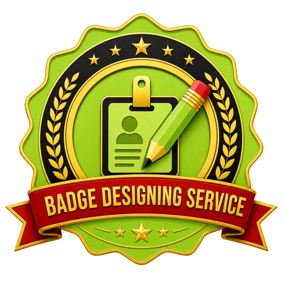 a green badge with a pencil and a red ribbon