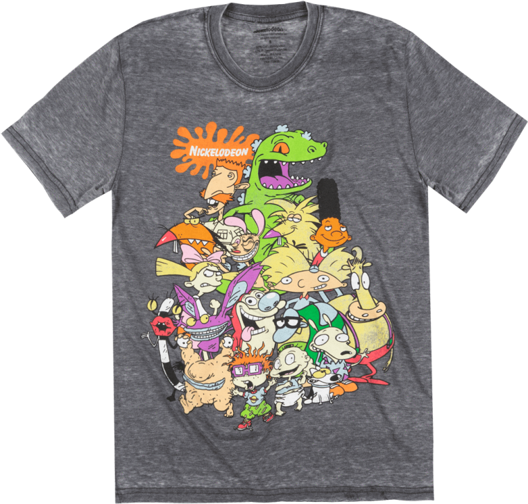 a grey t - shirt with cartoon characters on it