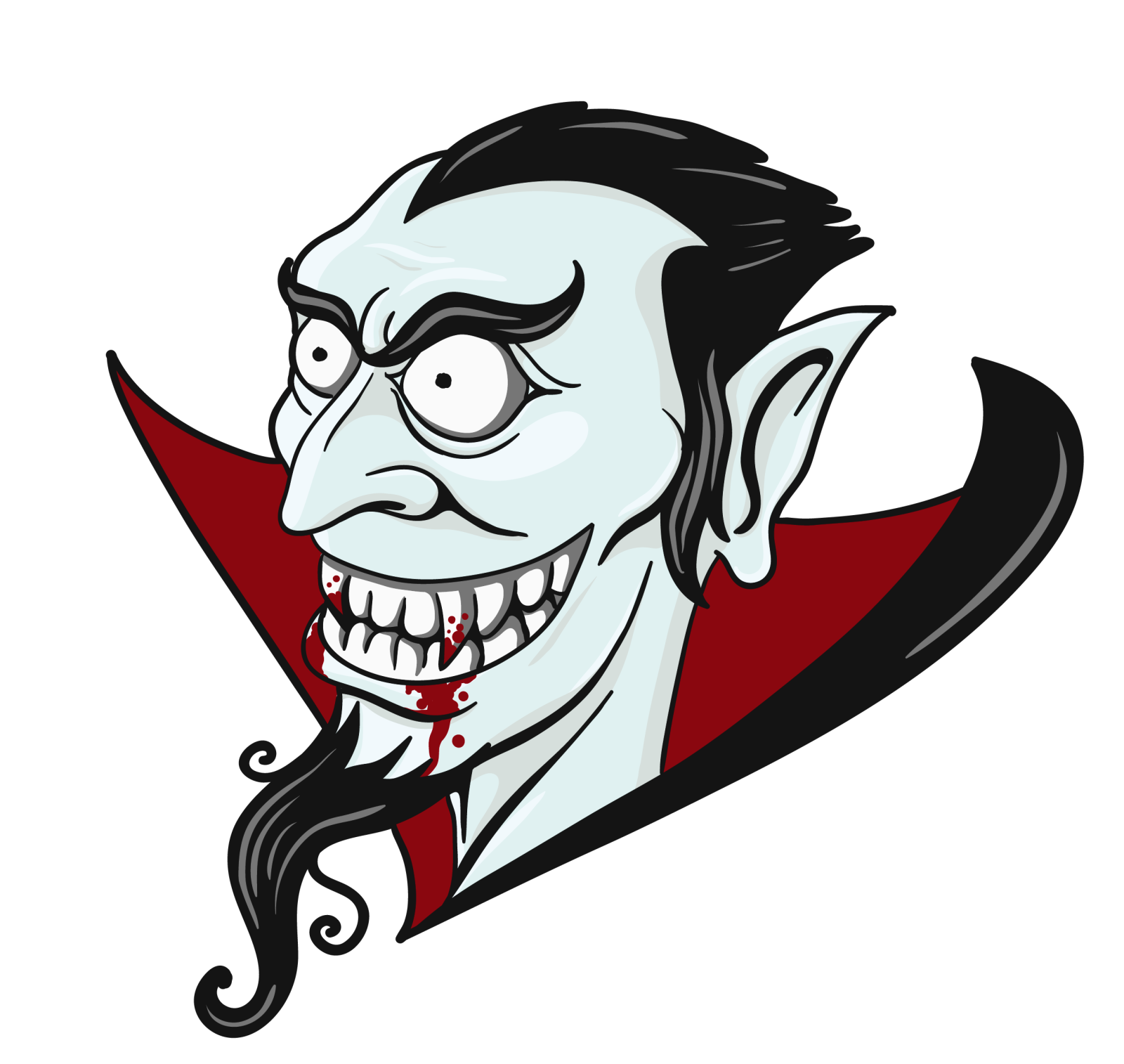 a cartoon vampire with long black hair and fangs