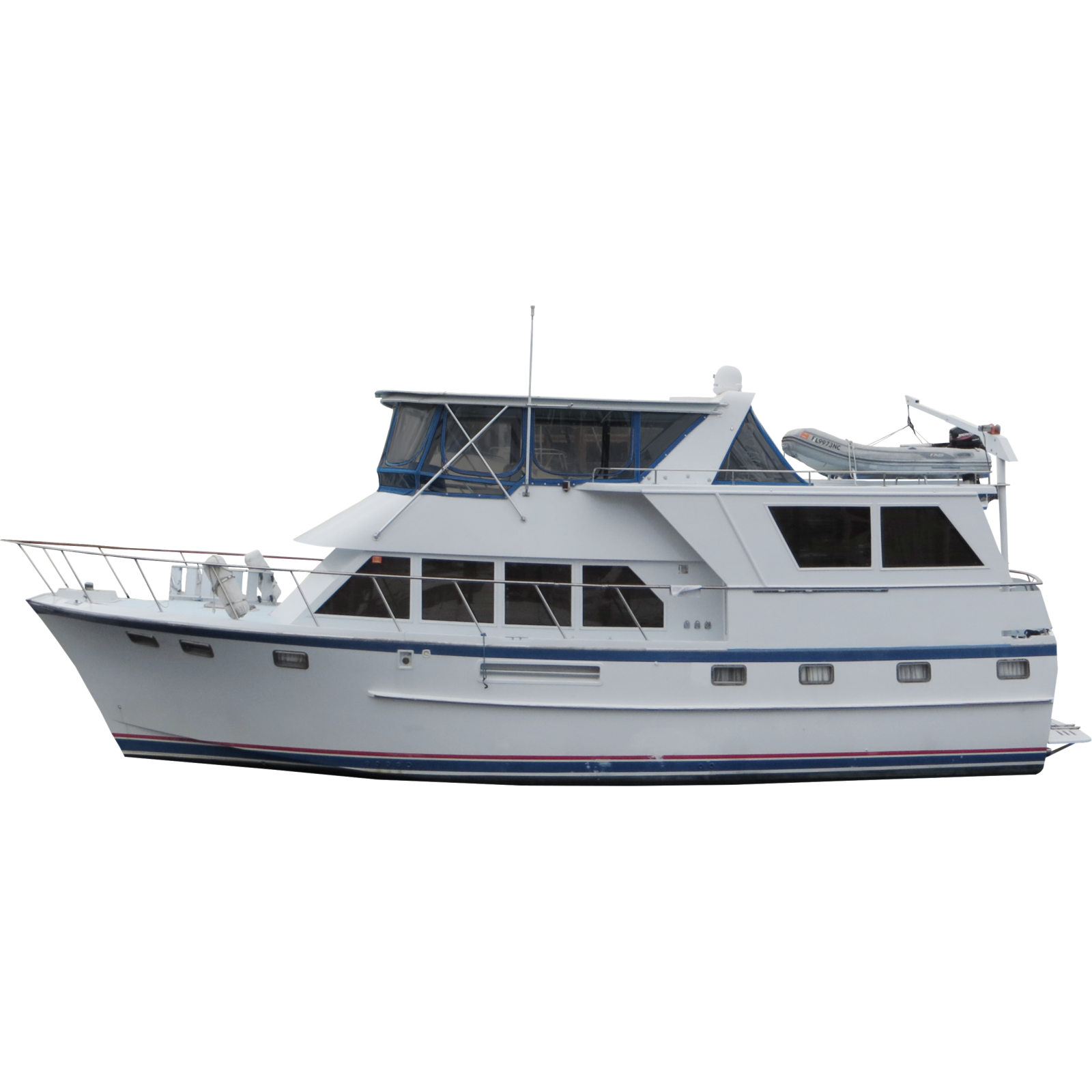 a white boat with blue trim on the side